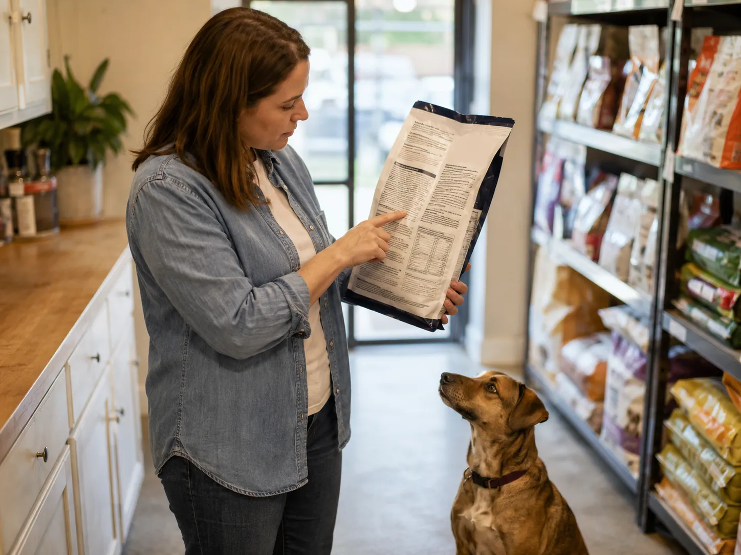 Person reading the ingredient label on the back of a dog food bag, with a dog sitting nearby looking up attentively