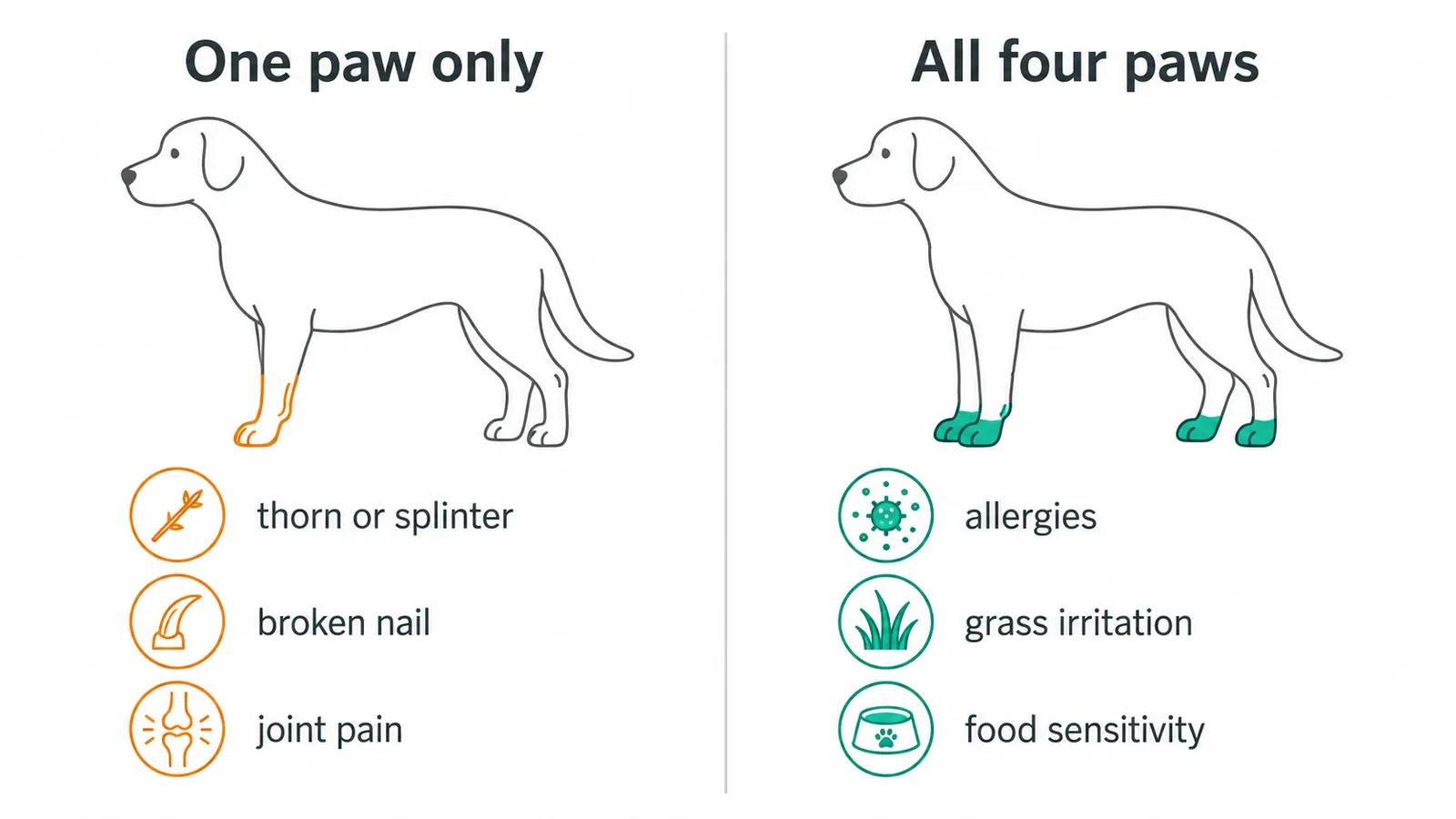 Infographic showing dog licking one paw vs all four paws and what each pattern means for diagnosis