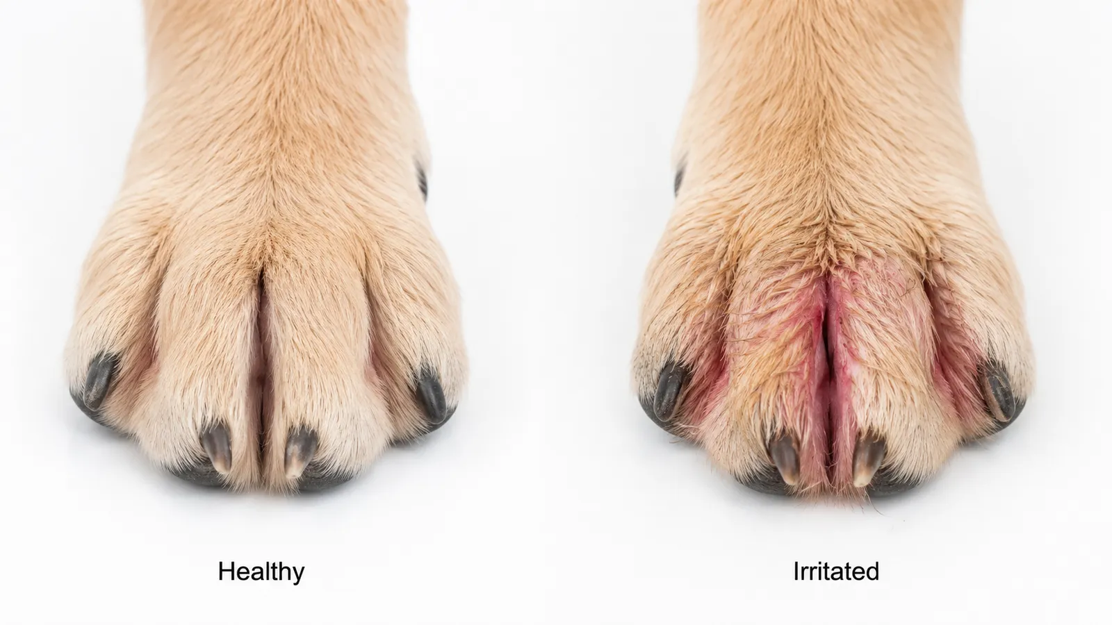 Side-by-side comparison of a healthy pink dog paw pad and an inflamed red irritated paw pad
