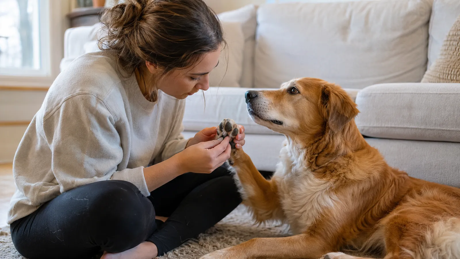 Woman gently examining her dog's front paw at home, checking between toes for injury or irritation