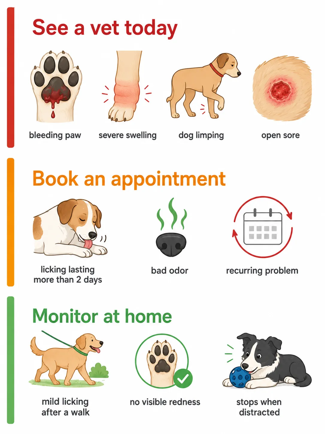 Visual guide showing warning signs that require urgent vet attention for dog paw licking behavior
