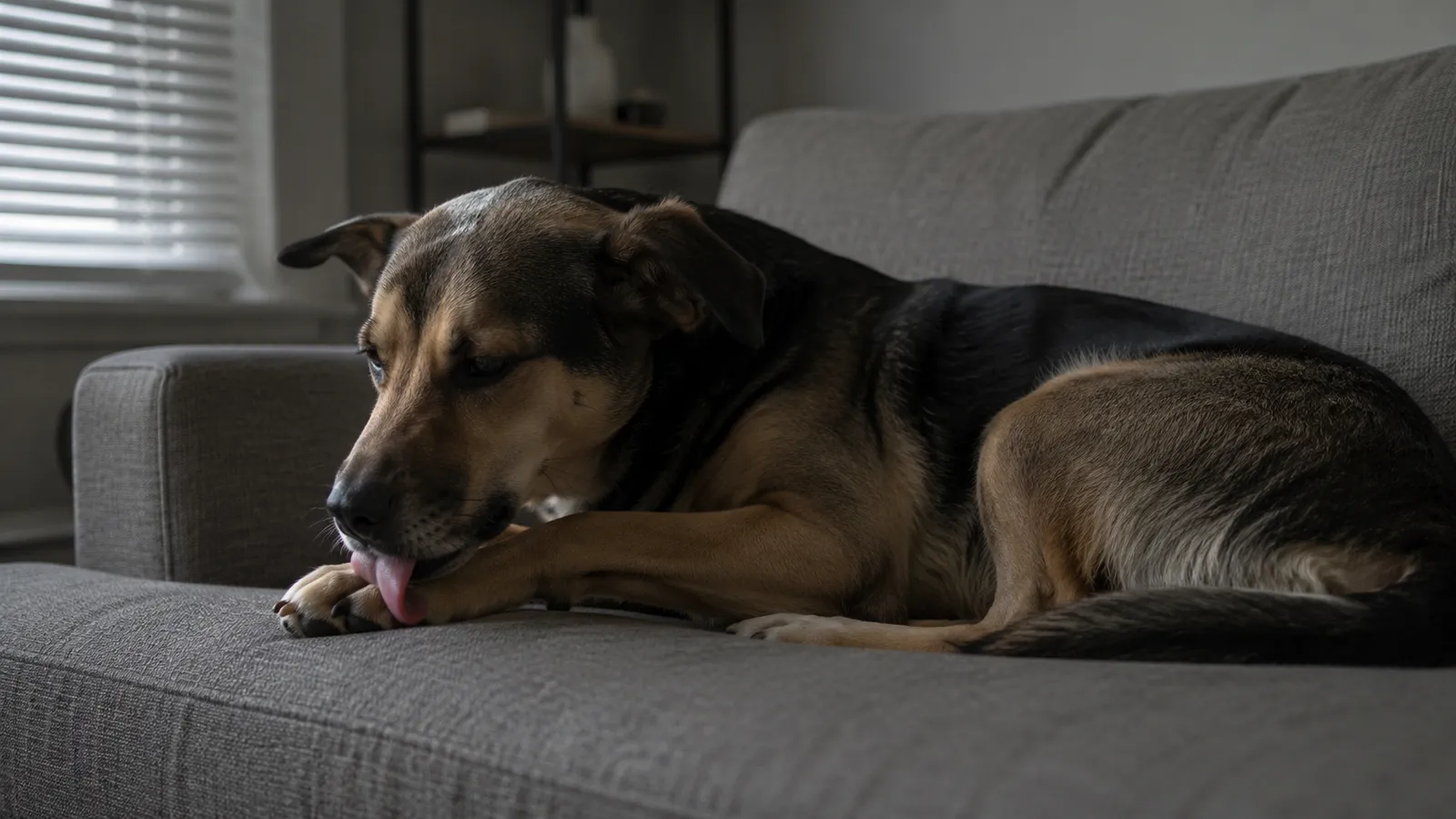 Dog lying alone on sofa repeatedly licking its paw, showing possible signs of stress, anxiety, or boredom