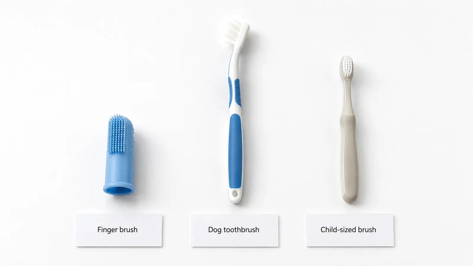 Three dog toothbrush types side by side: finger brush, soft-bristled dog toothbrush, and child-sized toothbrush on white surface