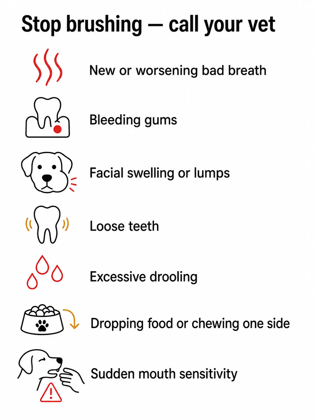 Infographic listing 7 dog dental warning signs that need vet attention: bad breath, bleeding gums, loose teeth, swelling, drooling