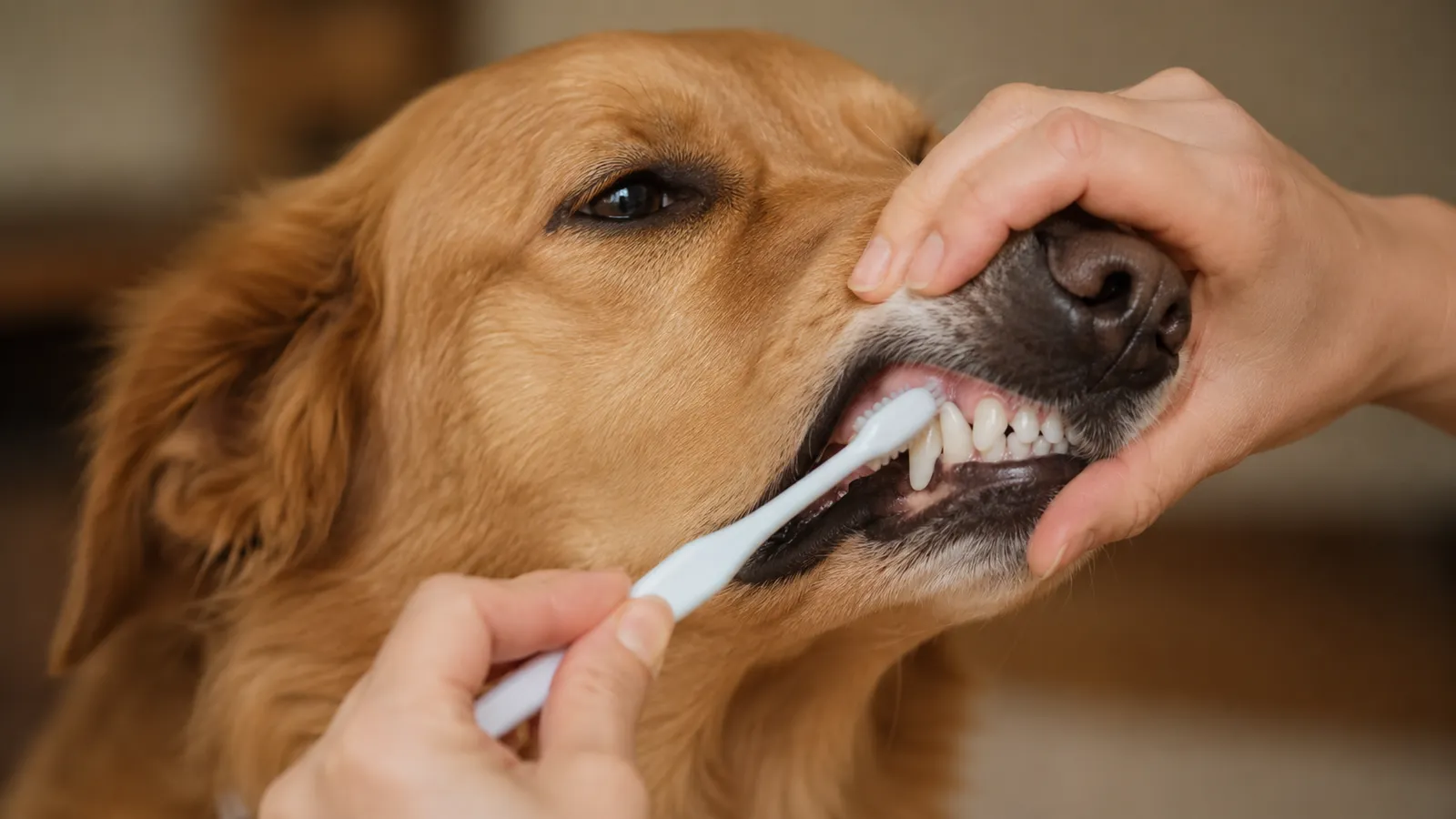 Close-up of a relaxed medium-sized dog having its upper gumline gently brushed, eyes soft and calm