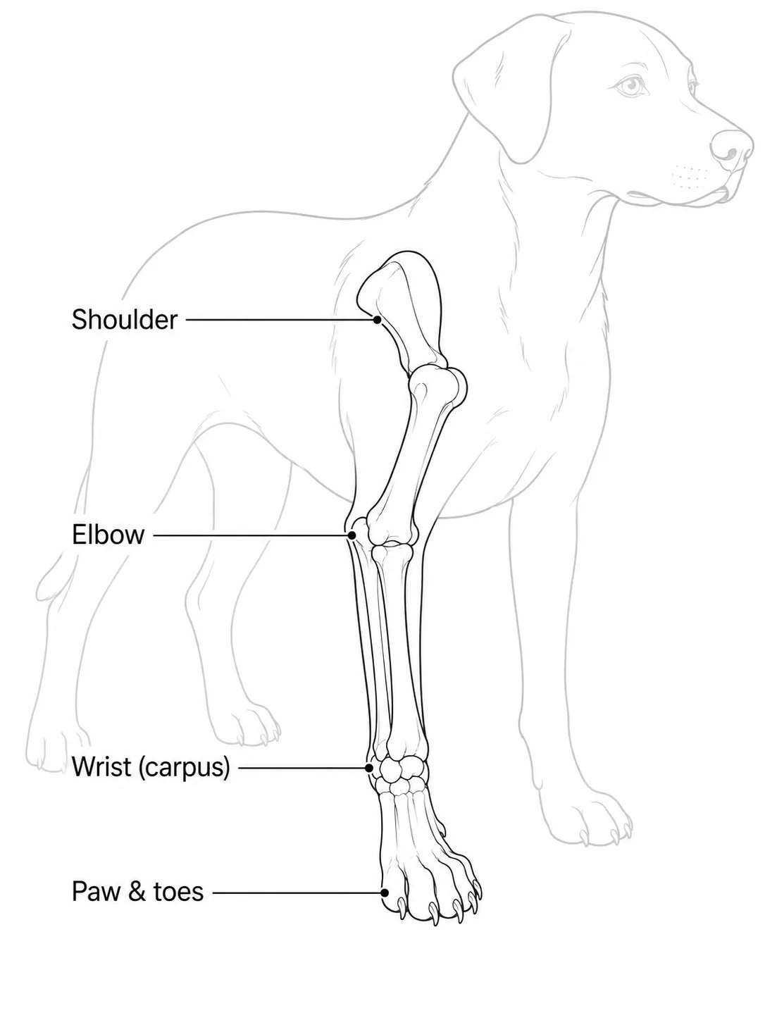 Labeled anatomy diagram of a dog's front leg showing paw, wrist (carpus), elbow, and shoulder as limp source locations