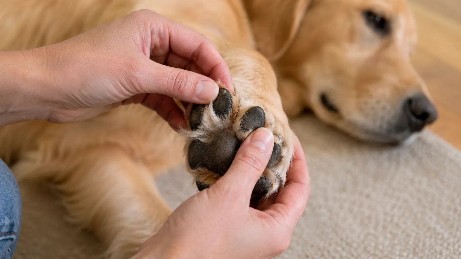 Person gently holding a dog's front paw, spreading toes to check for cuts, swelling, or embedded objects