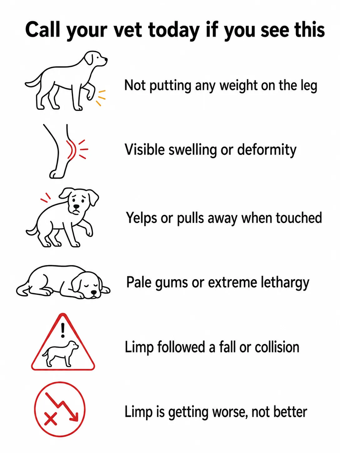 Infographic of 6 dog limping warning signs requiring same-day vet care: non-weight-bearing, swelling, yelping, pale gums, trauma, worsening