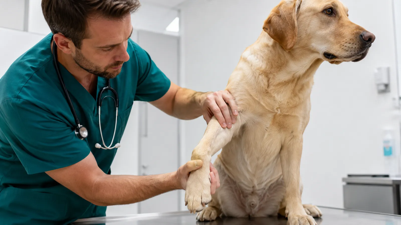 Vet in scrubs carefully palpating a dog's front leg elbow joint during a lameness examination in a clinic