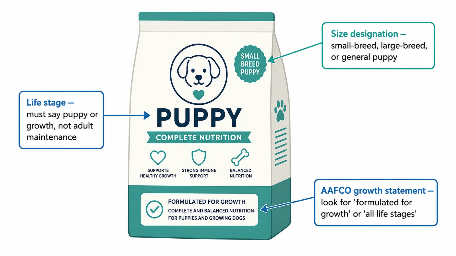 Infographic showing 3 key things to check on a puppy food label: AAFCO growth statement, life stage, and breed size designation