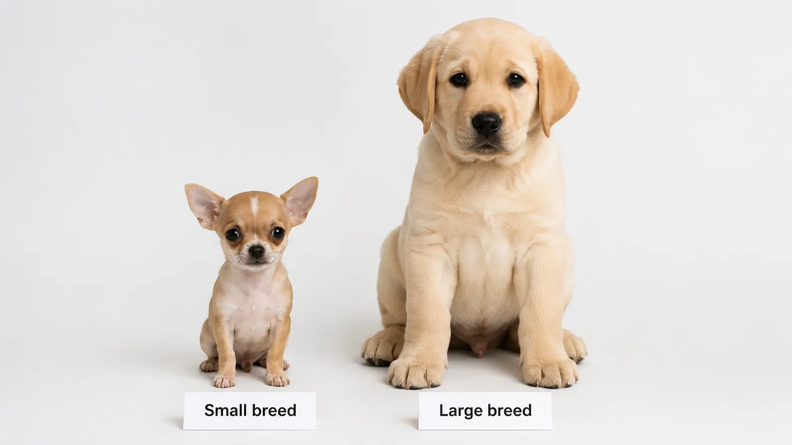 Side-by-side photo of a small Chihuahua puppy and a large Labrador puppy illustrating breed size differences in puppy nutrition