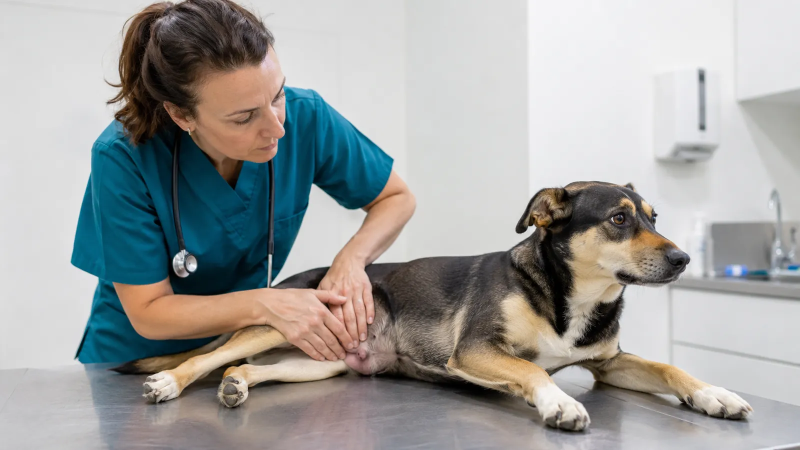 Vet in scrubs carefully palpating a dog's abdomen on an exam table to assess pain and organ condition