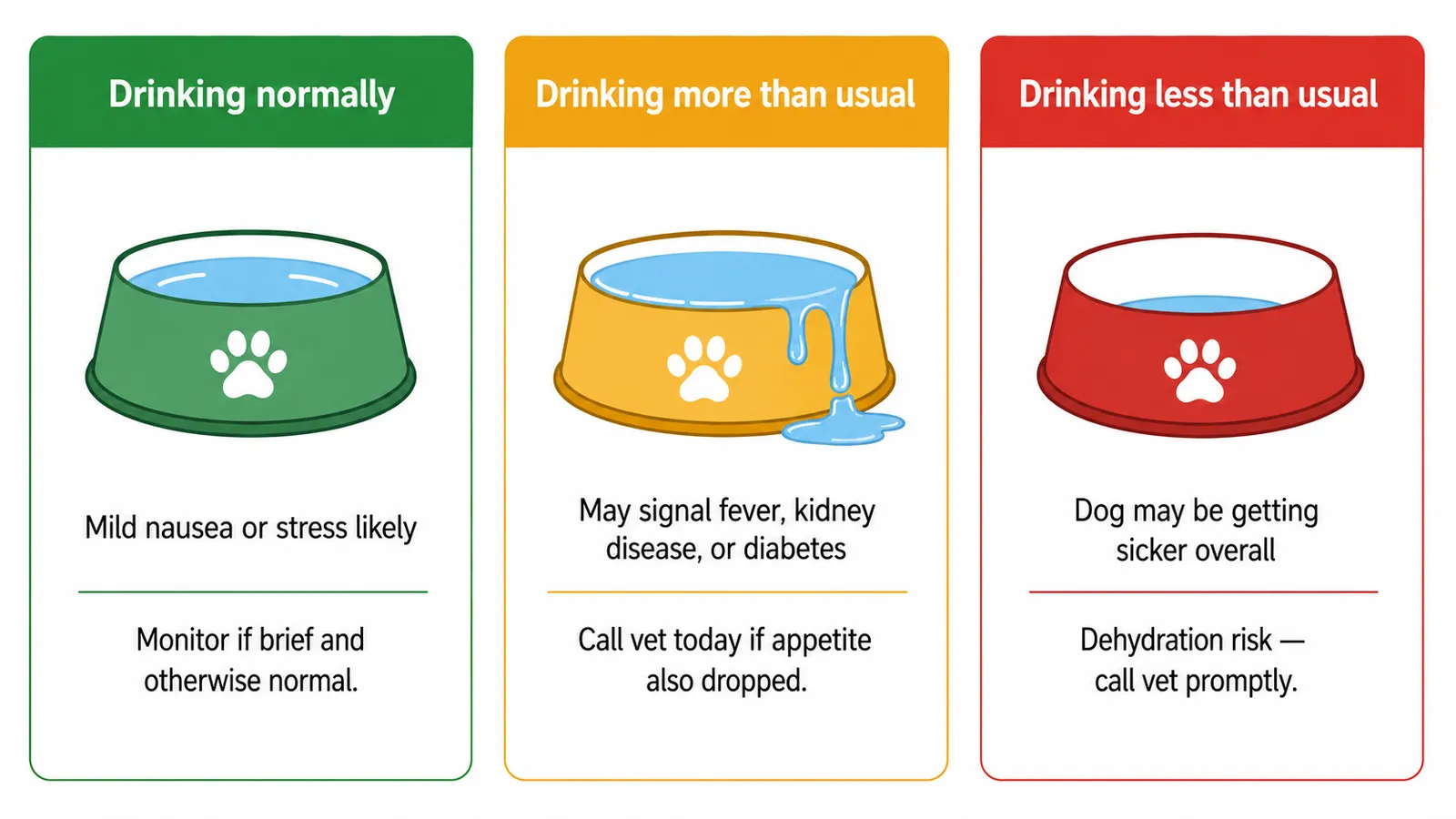 Infographic showing three dog drinking patterns: normal drinking, drinking more than usual, and drinking less, with urgency levels