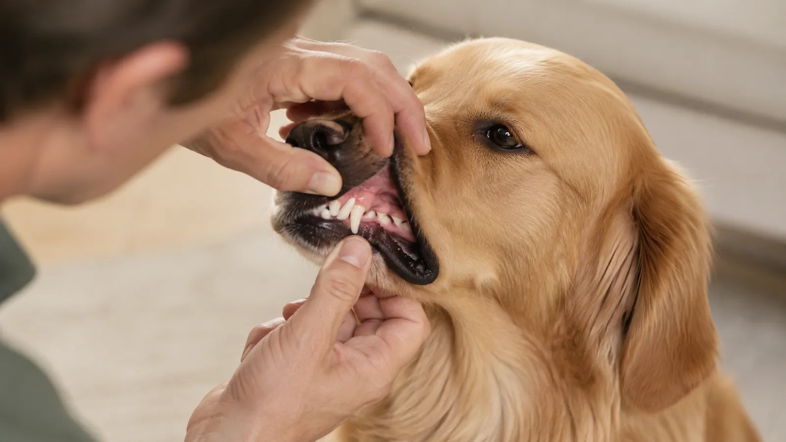 Person gently lifting a dog's lip to inspect teeth and gums at home, checking for dental pain, bleeding, or foreign objects