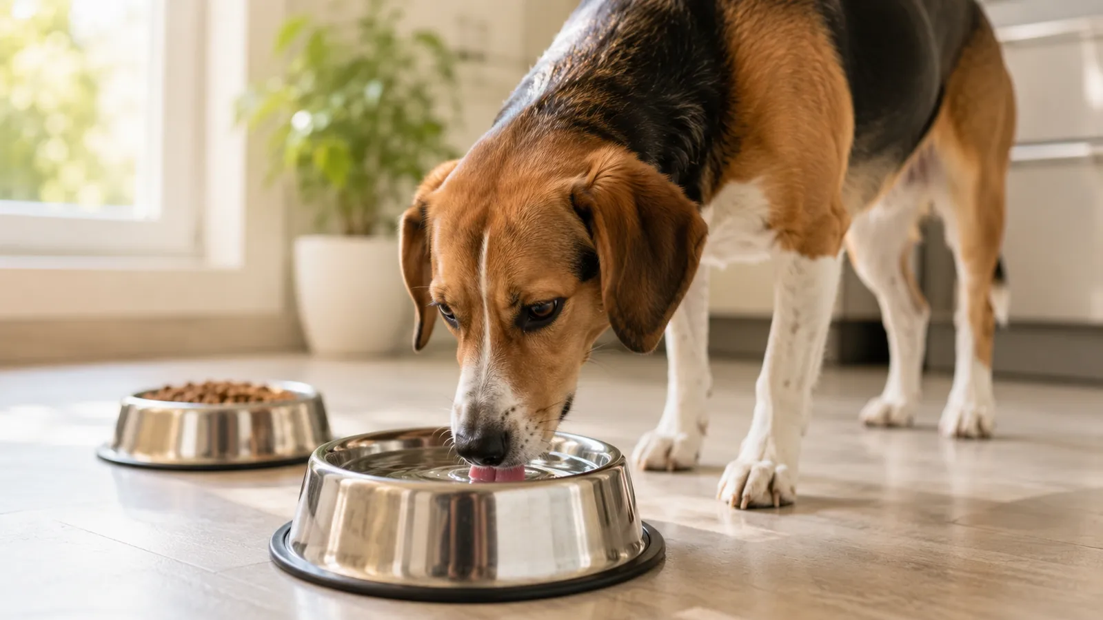 Dog actively drinking from a clean water bowl on a kitchen floor, showing normal water intake behavior while food bowl sits untouched nearby