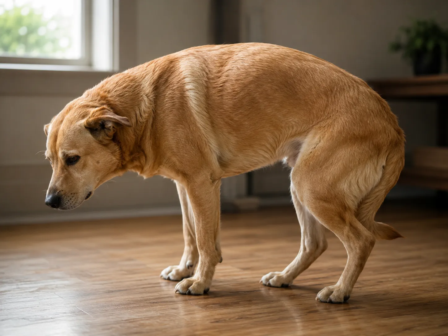 Dog with visibly hunched back and tucked tail, showing signs of pain or discomfort, standing on a wooden floor