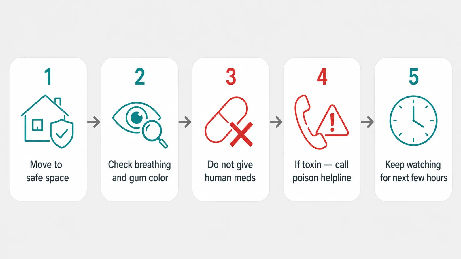 Step-by-step visual guide showing 5 actions to take when your dog is shaking, from moving to safety to calling the vet