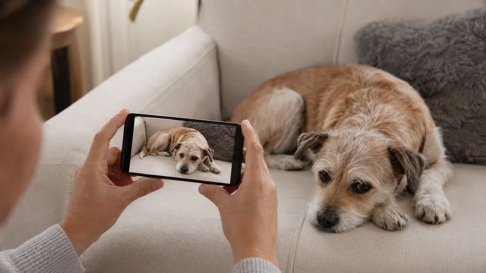 Dog owner using a smartphone to record a video of their trembling dog to share with their veterinarian