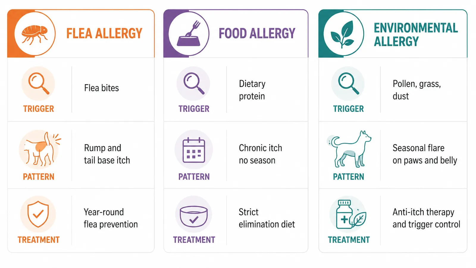 Infographic comparing flea allergy, food allergy, and environmental allergy in dogs by trigger, pattern, and first-line treatment