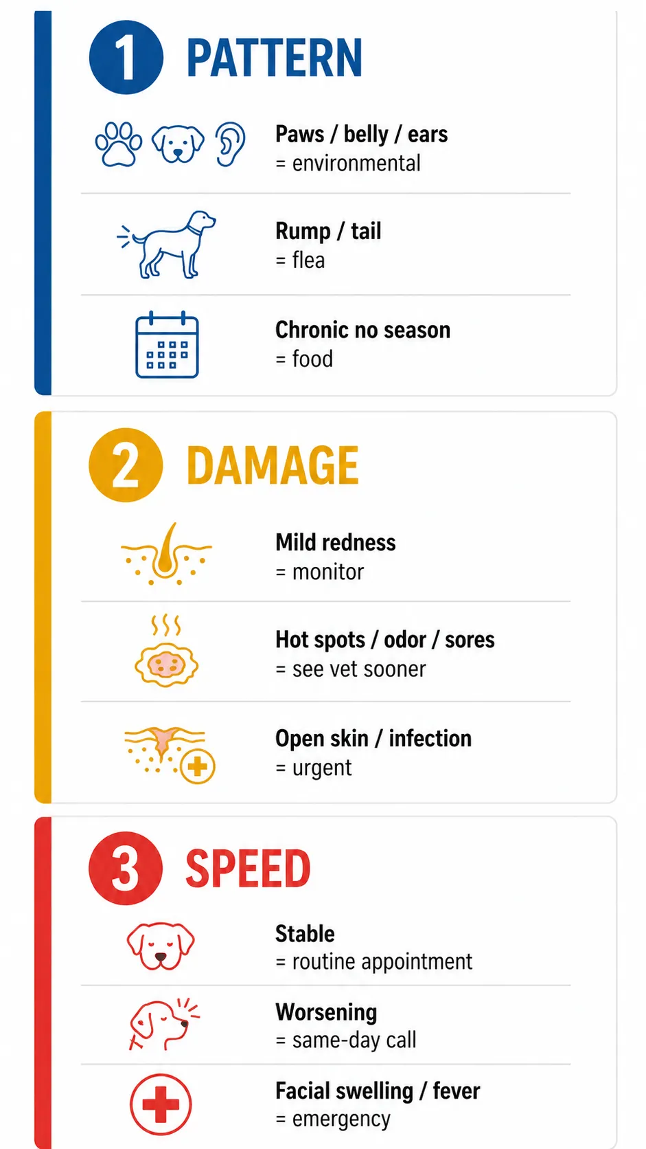Visual triage guide for dog skin issues using three criteria: pattern, damage level, and speed of worsening to decide vet urgency