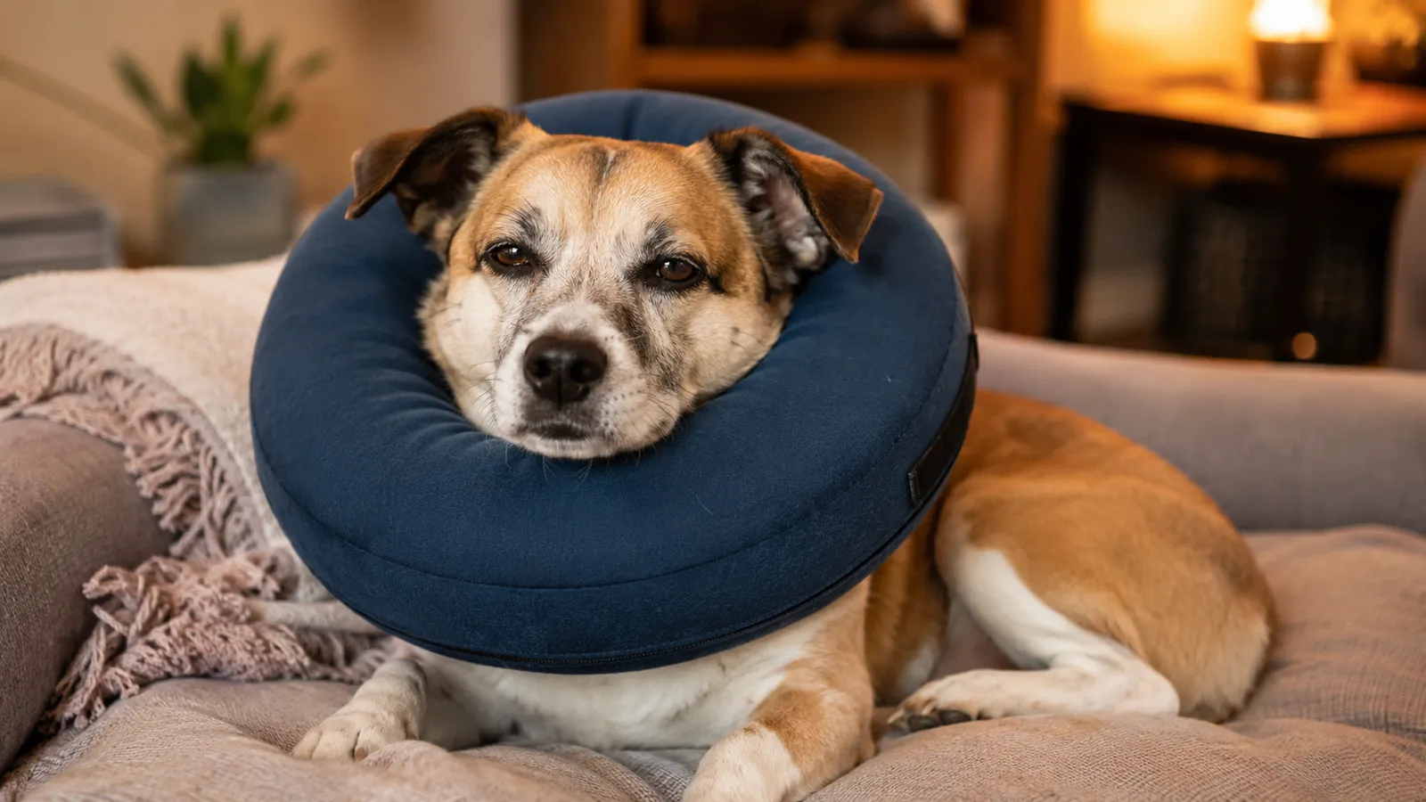 Small dog wearing a soft recovery collar at home to stop licking a skin hot spot while waiting for a vet appointment