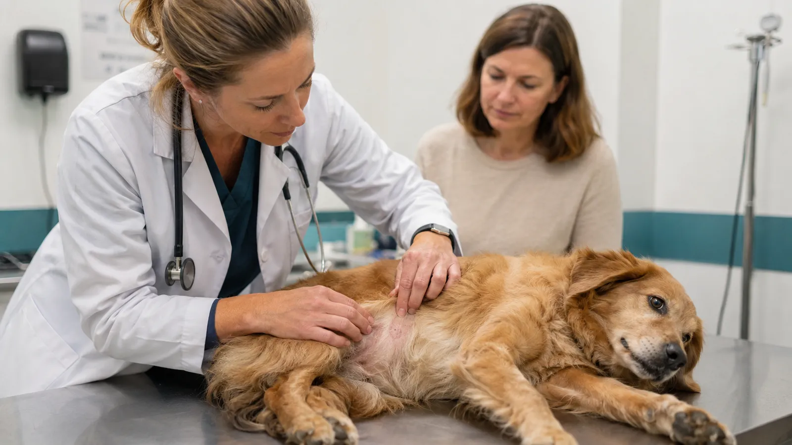 Veterinarian carefully examining a dog's irritated skin during an allergy consultation, with the owner present in the background