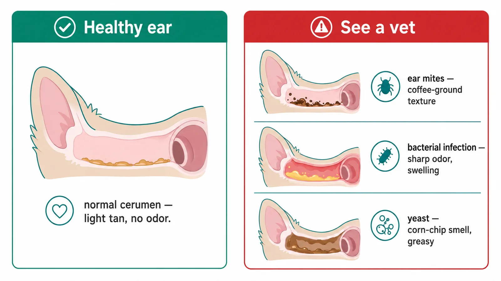 Side-by-side comparison of a healthy dog ear with light tan wax versus an infected ear with dark discharge and redness