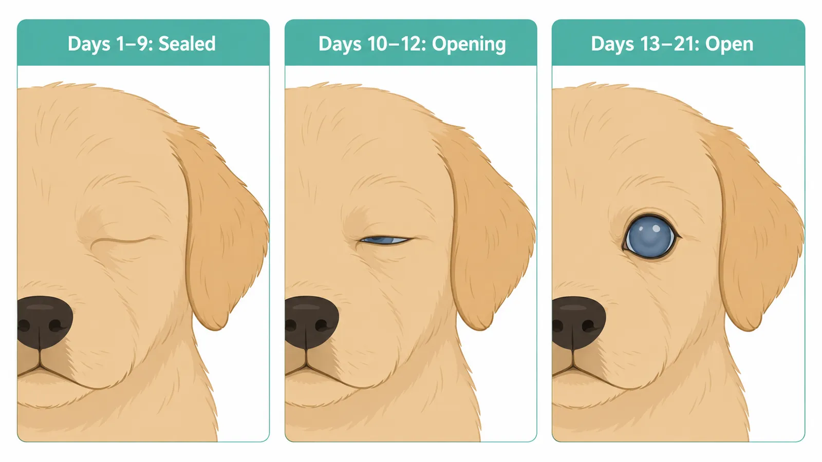 Three-stage comparison showing puppy eye development from fully sealed at birth to first slit opening to fully open cloudy blue-gray eyes