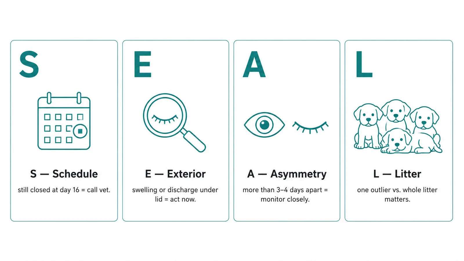 S.E.A.L. infographic framework for puppy eye development: Schedule, Exterior signs, Asymmetry, and Litter context decision guide