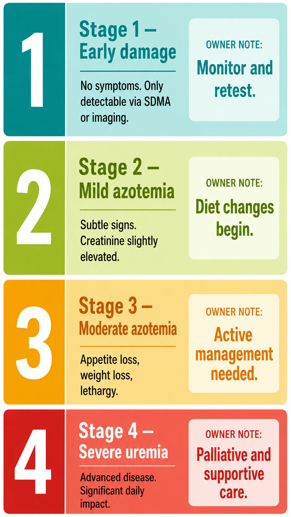 Infographic explaining the IRIS staging system for dog kidney disease from Stage 1 with no symptoms to Stage 4 with severe uremia