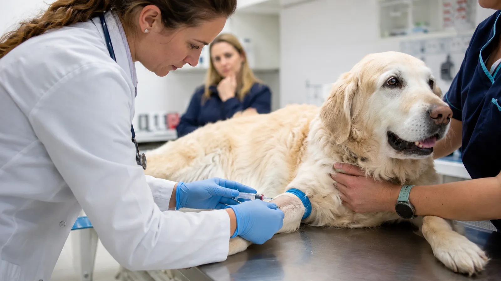 Veterinarian drawing a blood sample from a senior dog's leg for kidney disease diagnostics including BUN, creatinine, and SDMA testing