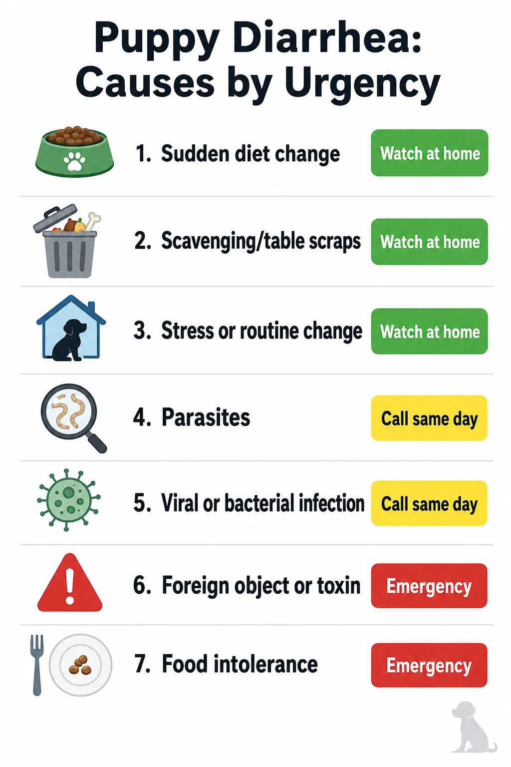 Infographic ranking puppy diarrhea causes from mild dietary upset to emergency infections, with urgency indicators for each cause