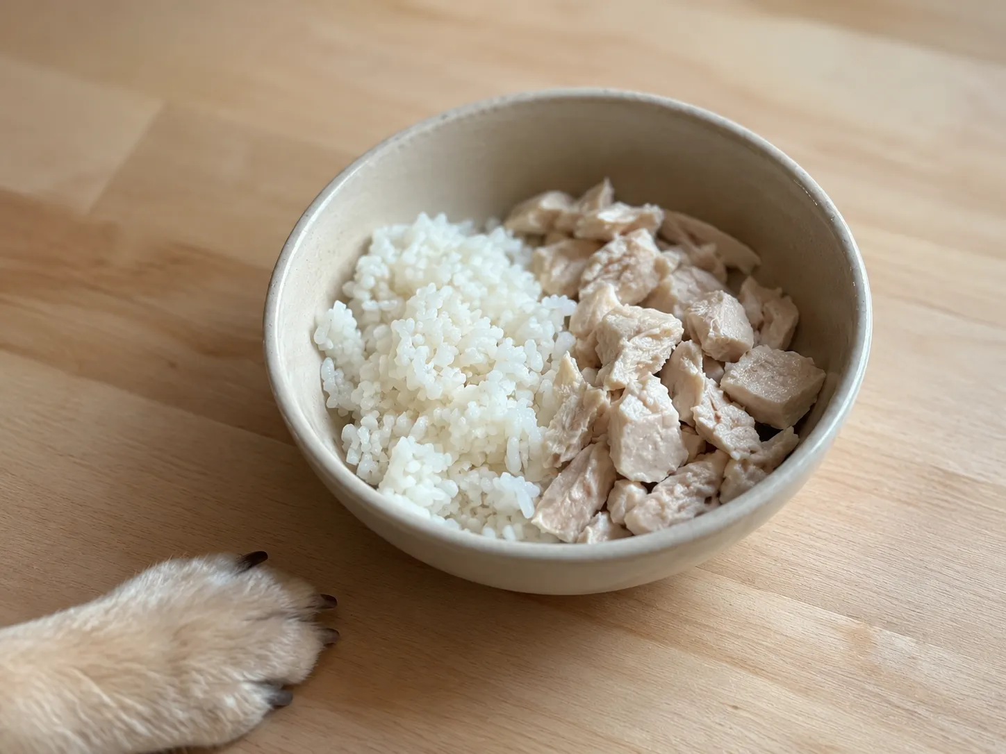 Small white dog bowl with plain boiled chicken and white rice on a wooden surface, recommended bland diet for puppy diarrhea recovery