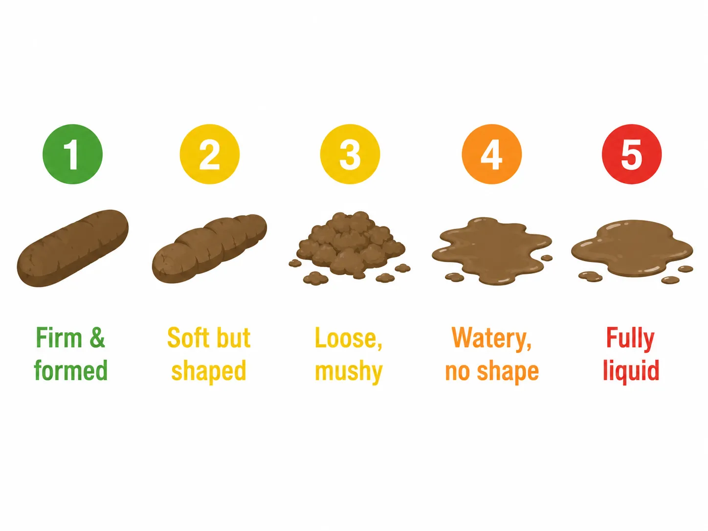 Illustrated dog stool consistency scale showing 5 levels from firm and normal to fully liquid diarrhea