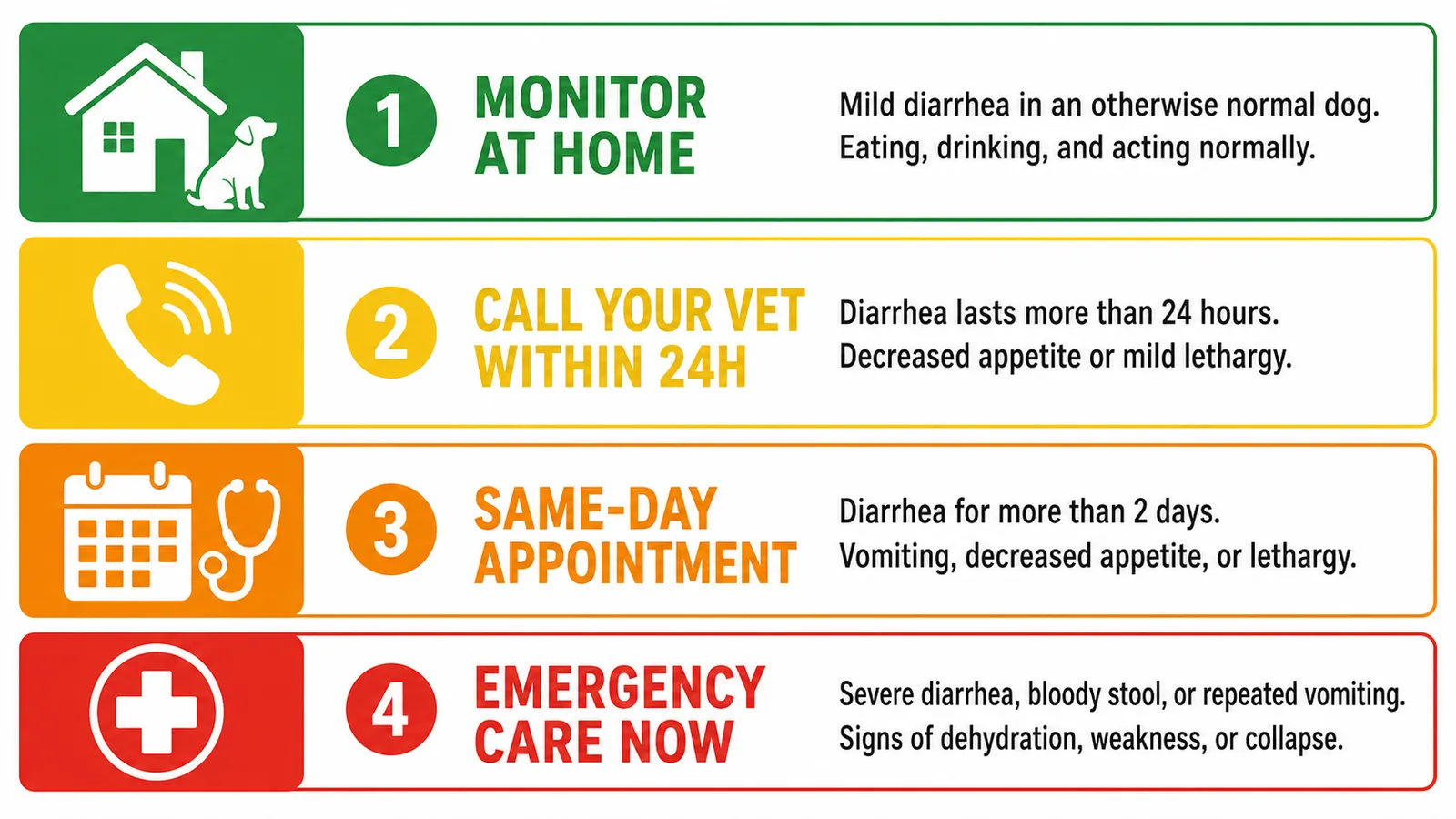Infographic with 4 color-coded urgency levels for dog diarrhea: monitor at home, call vet, same-day visit, emergency care