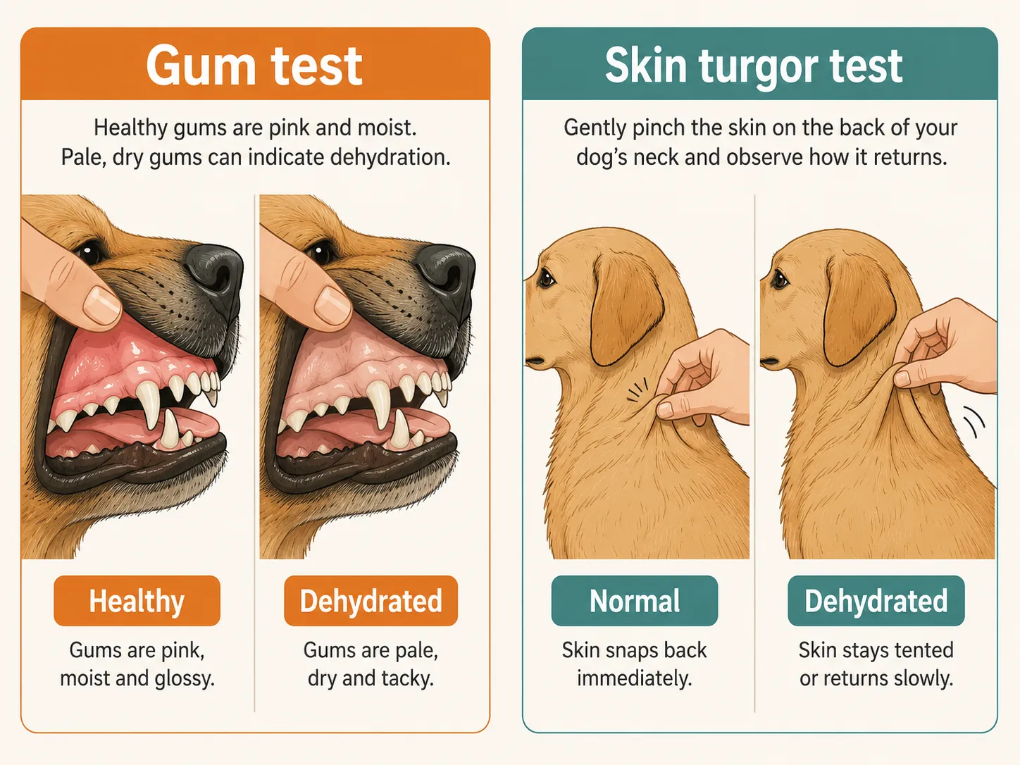 Side-by-side comparison showing healthy moist dog gums vs dry pale gums, and normal vs tented skin turgor test