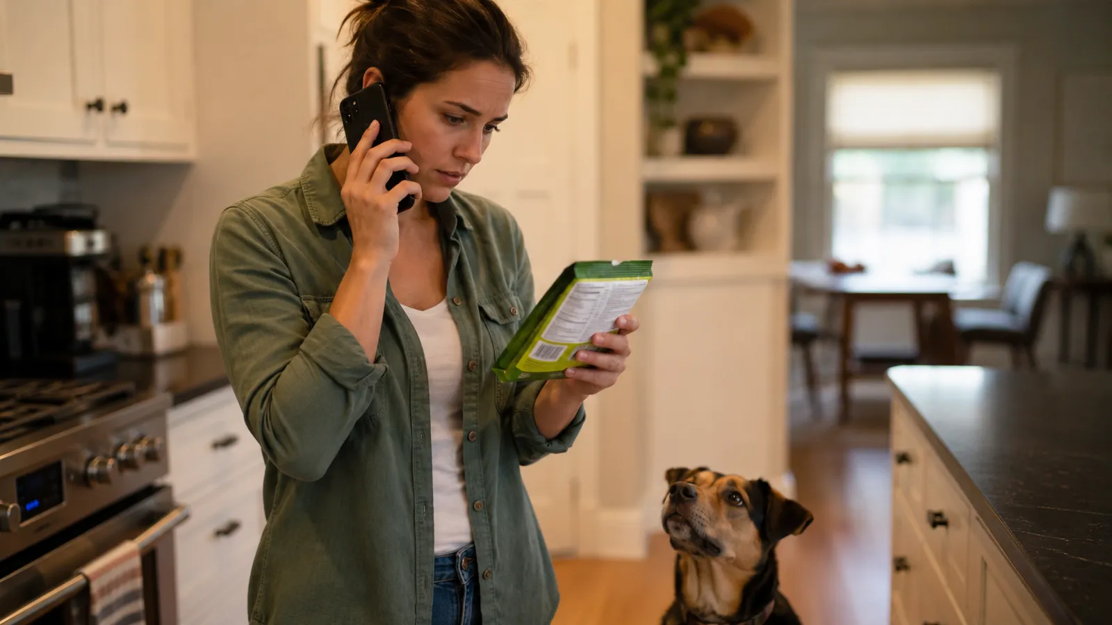 Worried dog owner on the phone calling poison control while holding a food package and looking at the ingredient label