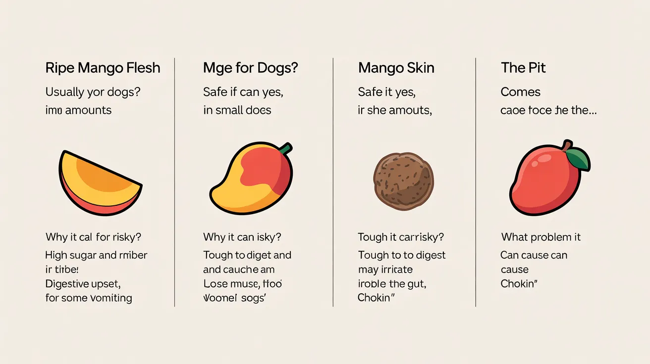 Comparison chart showing which mango parts are safe and which are risky for dogs.