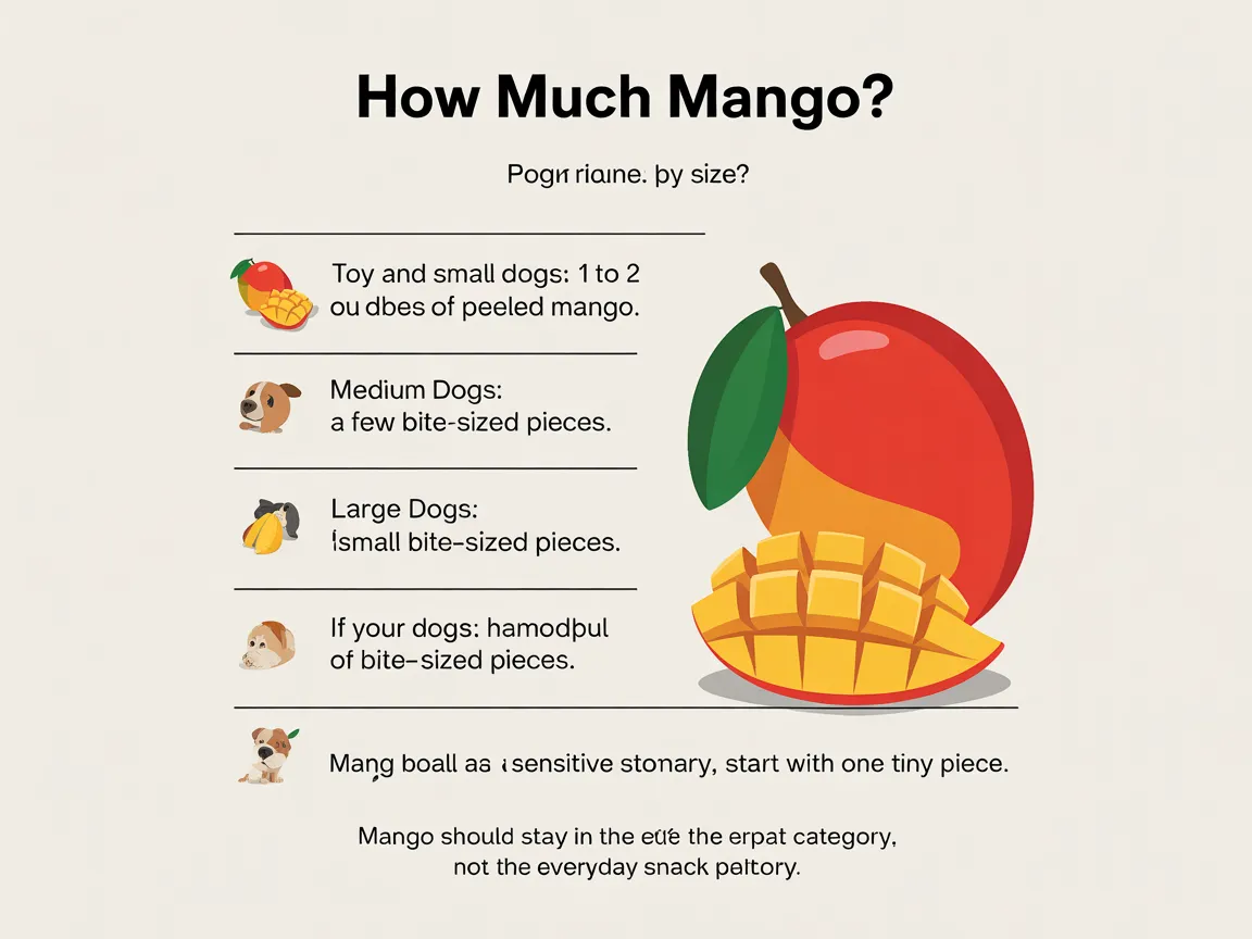 Portion guide infographic showing how many mango cubes to give dogs by size.