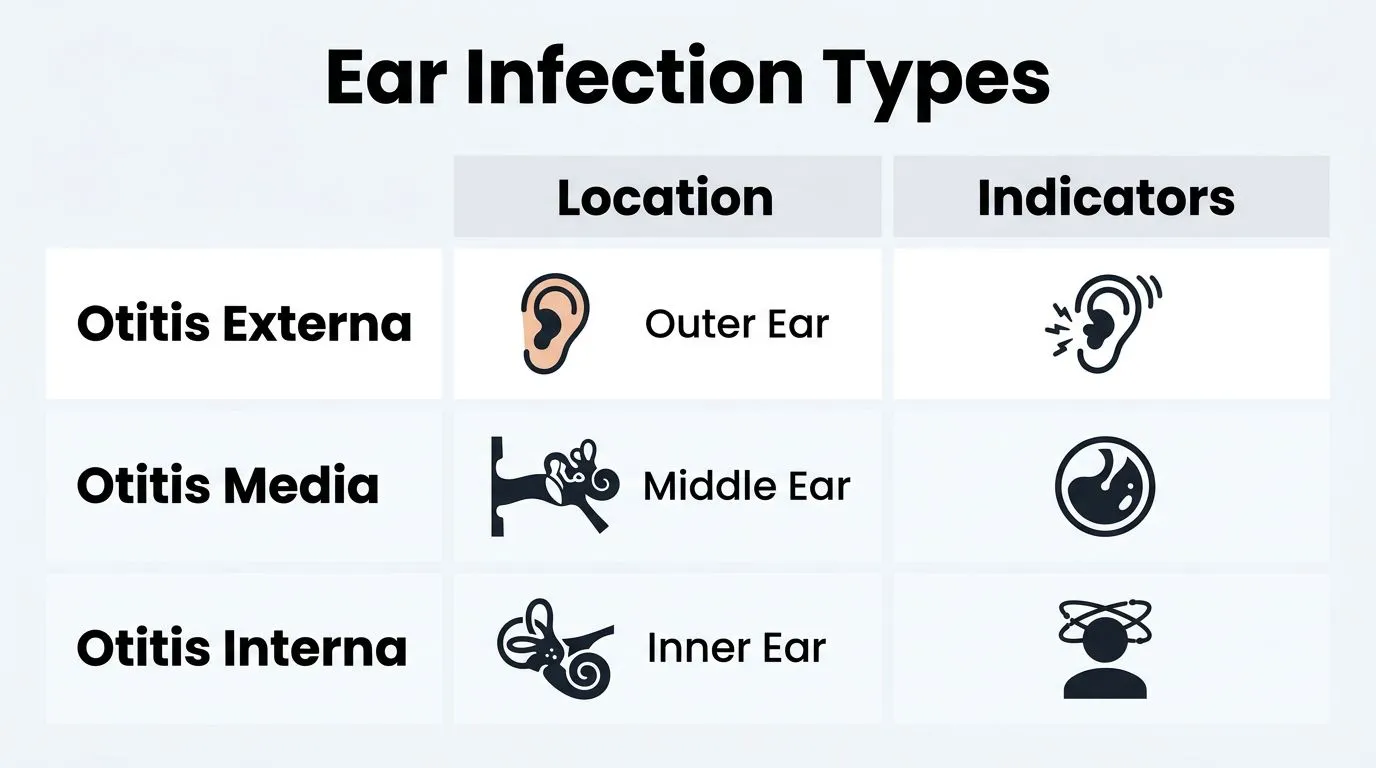 A comparison chart showing the three types of canine ear infections based on location and common indicators.