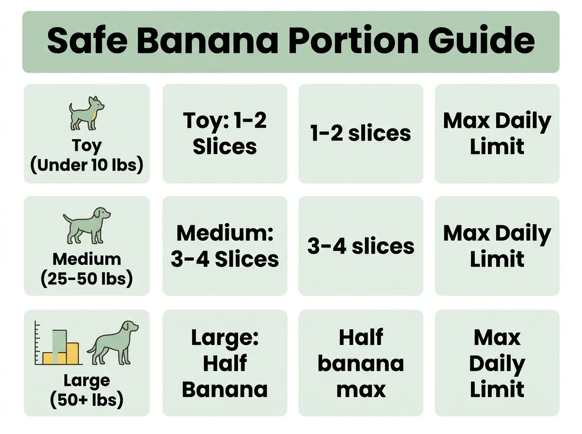 A simple infographic chart detailing the safe number of banana slices for dogs based on their weight category.