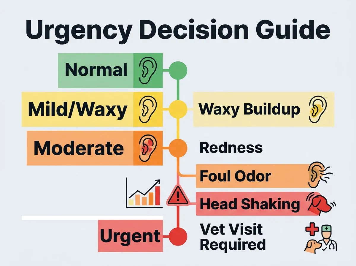 An infographic flow chart detailing when to monitor ear symptoms versus when to seek veterinary care.
