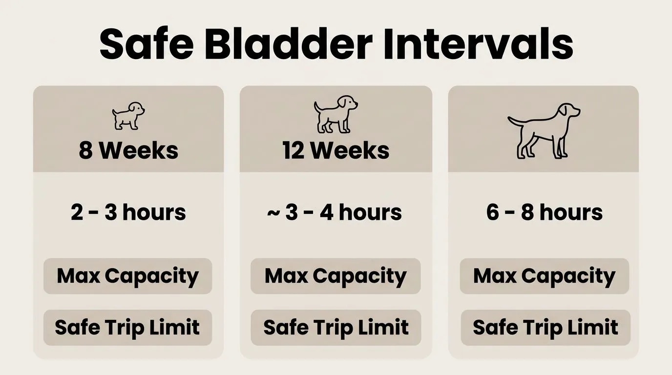 A comparison chart showing the 75% safe bladder capacity for puppies.