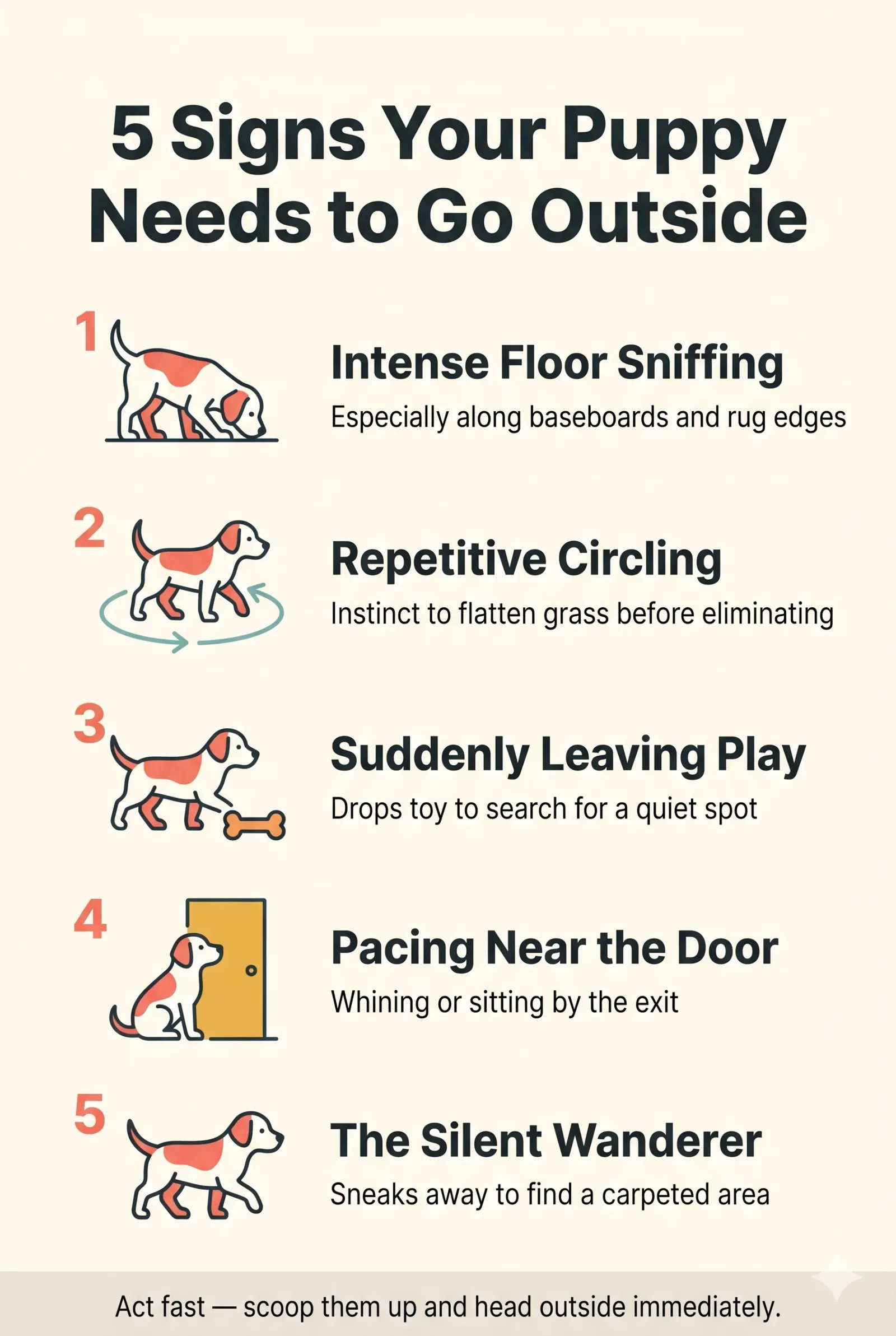Infographic showing 5 behavioral warning signs that a puppy needs to go outside, including floor sniffing, circling, leaving toys, pacing near the door, and silent wandering