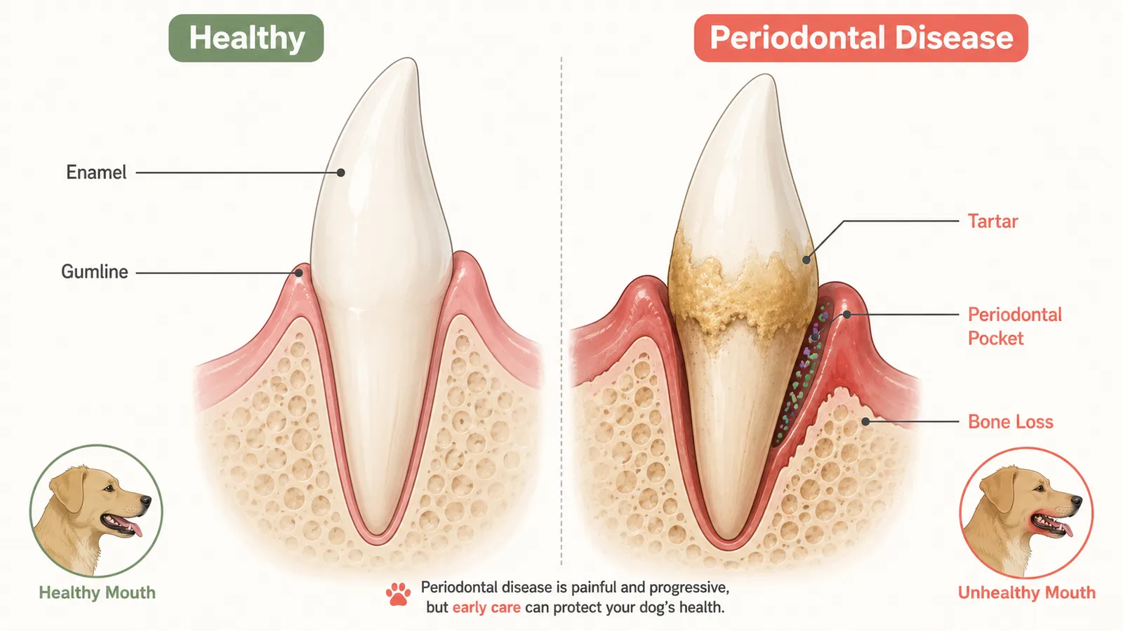 Diagram comparing a healthy dog tooth to one with tartar, gum recession and a periodontal pocket