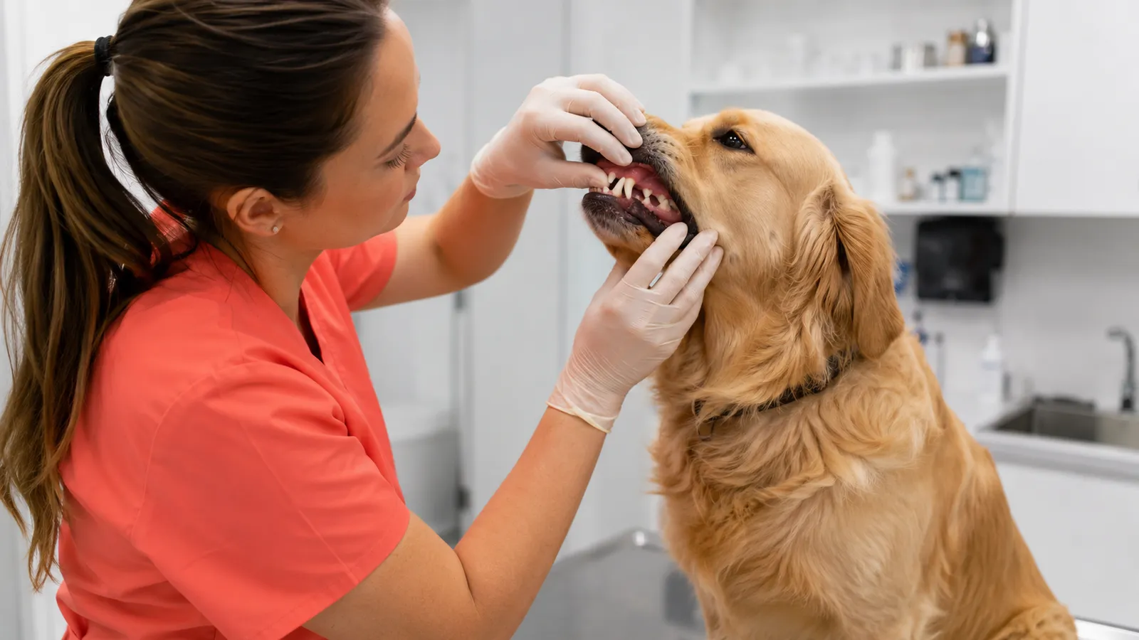 Veterinarian gently examining a calm dog's teeth and gums during a dental check-up in a clinic