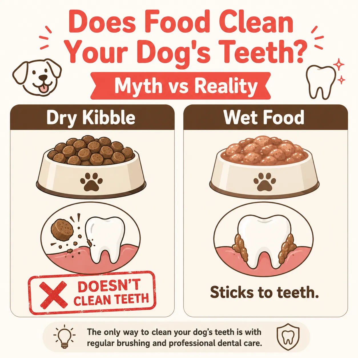 Infographic comparing dry kibble and wet food and debunking the myth that kibble cleans dog teeth