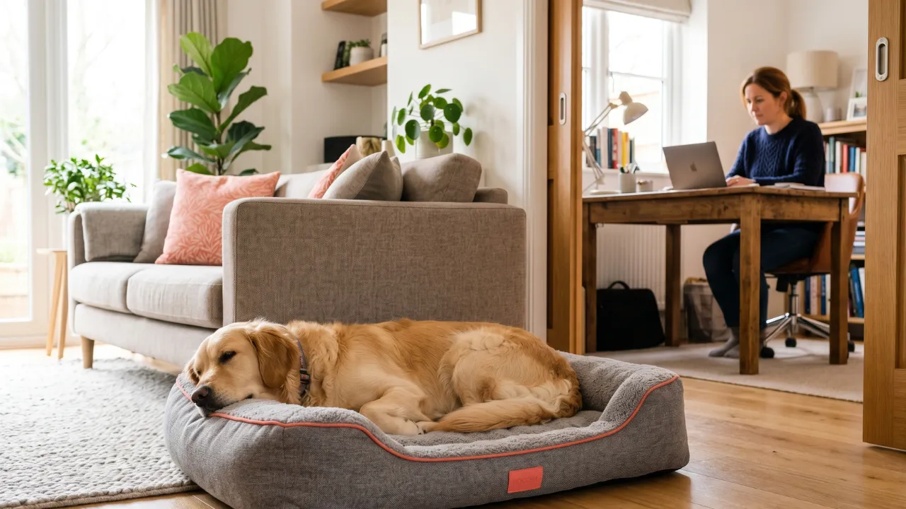 Dog resting calmly on its own bed while its owner works at a desk in the next room.